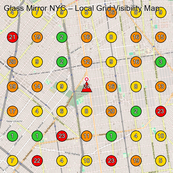 Glass Mirror NYC Glass Cutting Service GeoGrid ranking map for Brooklyn NY